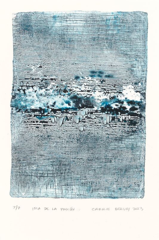 Isla De La Pasion-07 Original Fine Art Monoprint by Carrie Bergey features abstract blue and black acrylic textures on paper. Ideal for modern home decor.