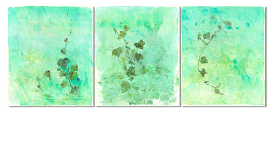 Ivy Art Reproduction Set - Monoprint Series | Fine Art Pieces displayed above a beige sofa. Set of 3 botanical prints with green ivy on textured backgrounds.