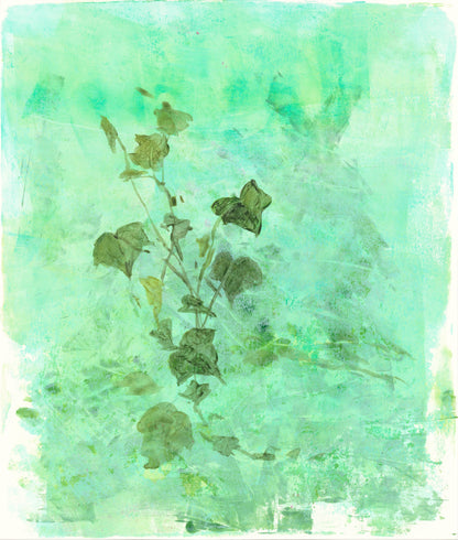 Middle panel of Ivy Art Reproduction Set with dense ivy foliage in layered green tones. Monoprint and acrylic textures enhance natural elegance.