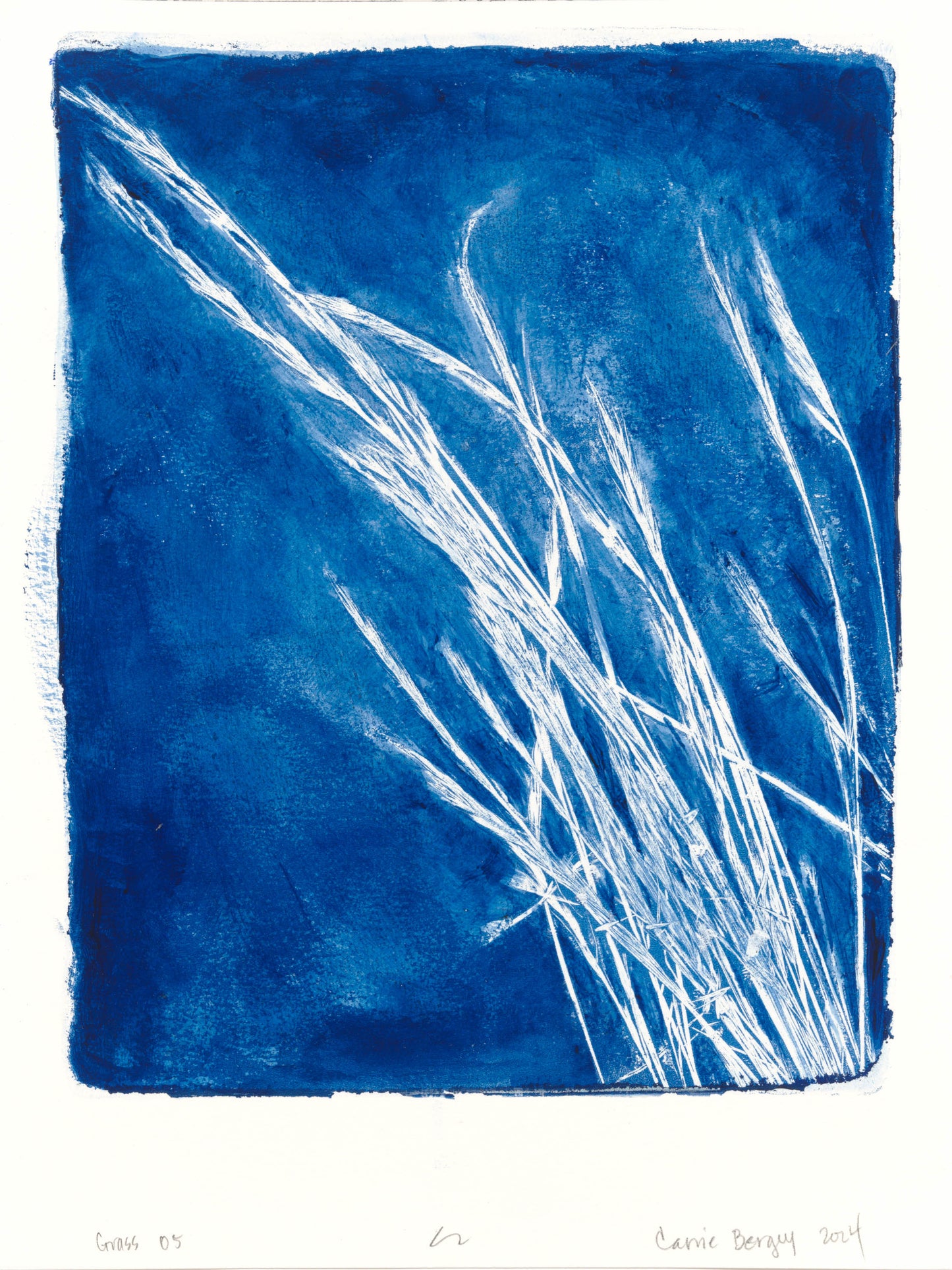Lobos Grass 05 Original Fine Art Monoprint by Carrie Bergey features white coastal grasses on a deep blue acrylic background. Ideal for modern home decor.