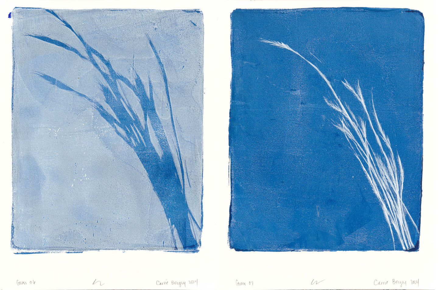 Carrie Bergey coastal monoprint artwork diptych featuring abstract grass silhouettes in blue tones, ideal for serene home decor settings.