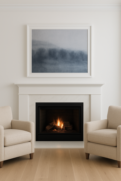 Carrie Bergey's Lobos Valley and Karl's Cloak at Sunset painting displayed above a fireplace in a modern living room, enhancing serene home decor.