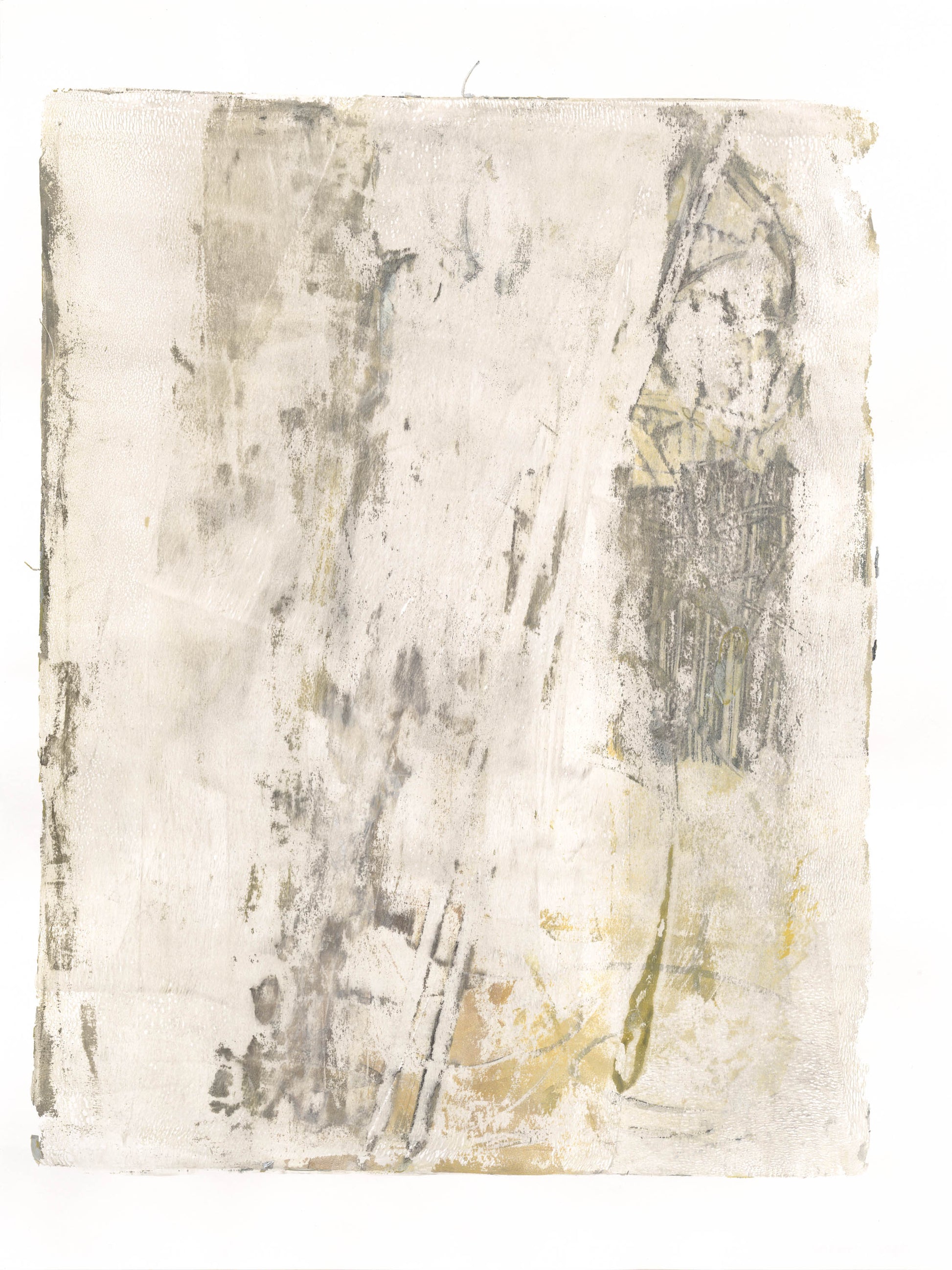 Lobos Overlook Monoprint by Carrie Bergey showcasing earthy tones and subtle architectural textures. Original abstract artwork for home and garden decor.