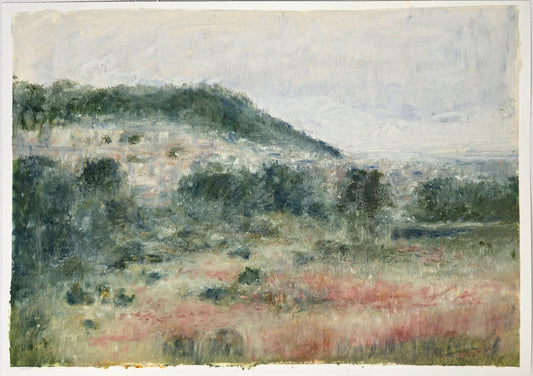 Lobos Valley Midday Original Fine Art Painting by Carrie Bergey features a serene landscape with soft brushstrokes and muted tones. Ideal for home decor in the paintings category.