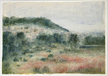 Carrie Bergey's Lobos Valley Midday painting captures a tranquil valley scene with lush greenery and pastel skies, perfect for enhancing any living space.