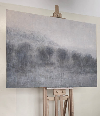 Lobos Valley and Karl's Cloak at Sunset oil painting by Carrie Bergey on an easel, showcasing textured brushwork and atmospheric depth.