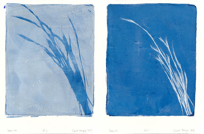 Diptych collection 'Lobos Grass 06-07' by Carrie Bergey with coastal monoprint artwork in blue tones, evoking calm and nature in home decor.
