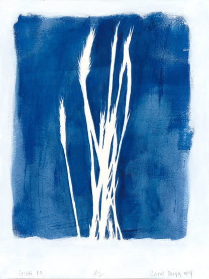 Lobos Grass 08 by Carrie Bergey, original monoprint artwork with vertical white grass forms on a bold blue canvas. A serene addition to any art collection.