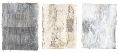 Lobos Overlook Monoprint Triptych by Carrie Bergey combining three abstract panels in gray, white, and beige tones. Unique fine art set for wall display.