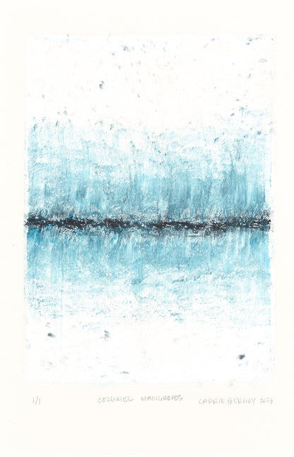 Mangroves 01 monoprint by Carrie Bergey features a mirrored blue and black horizon, reflecting the calm beauty of mangrove waters.
