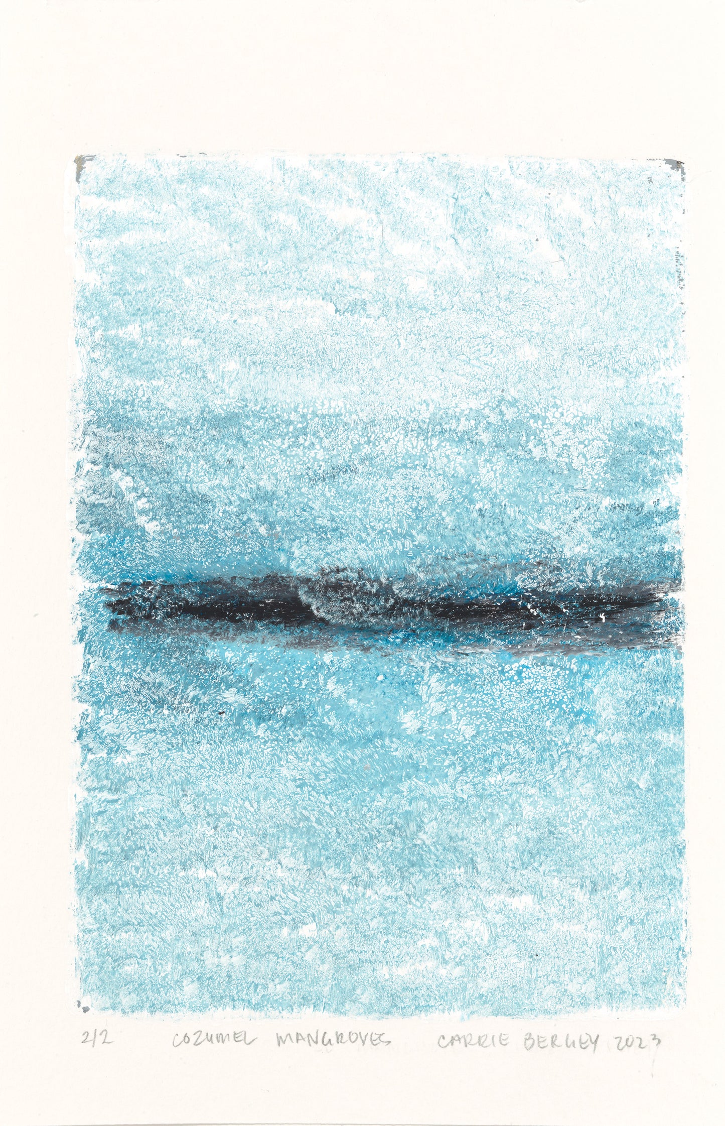 Mangroves 02 monoprint by Carrie Bergey showcases textured aqua hues with a dark horizontal line, capturing the essence of coastal mangroves.