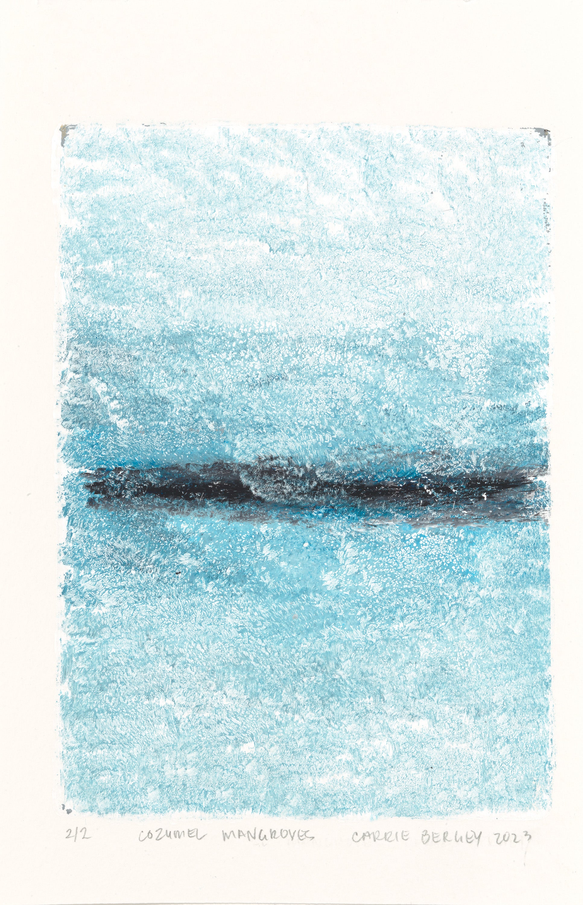 Mangroves 02 monoprint by Carrie Bergey showcases textured aqua hues with a dark horizontal line, capturing the essence of coastal mangroves.