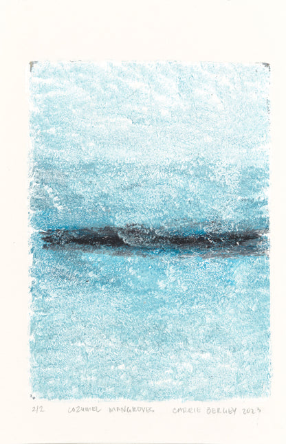 Mangroves 02 monoprint by Carrie Bergey showcases textured aqua hues with a dark horizontal line, capturing the essence of coastal mangroves.