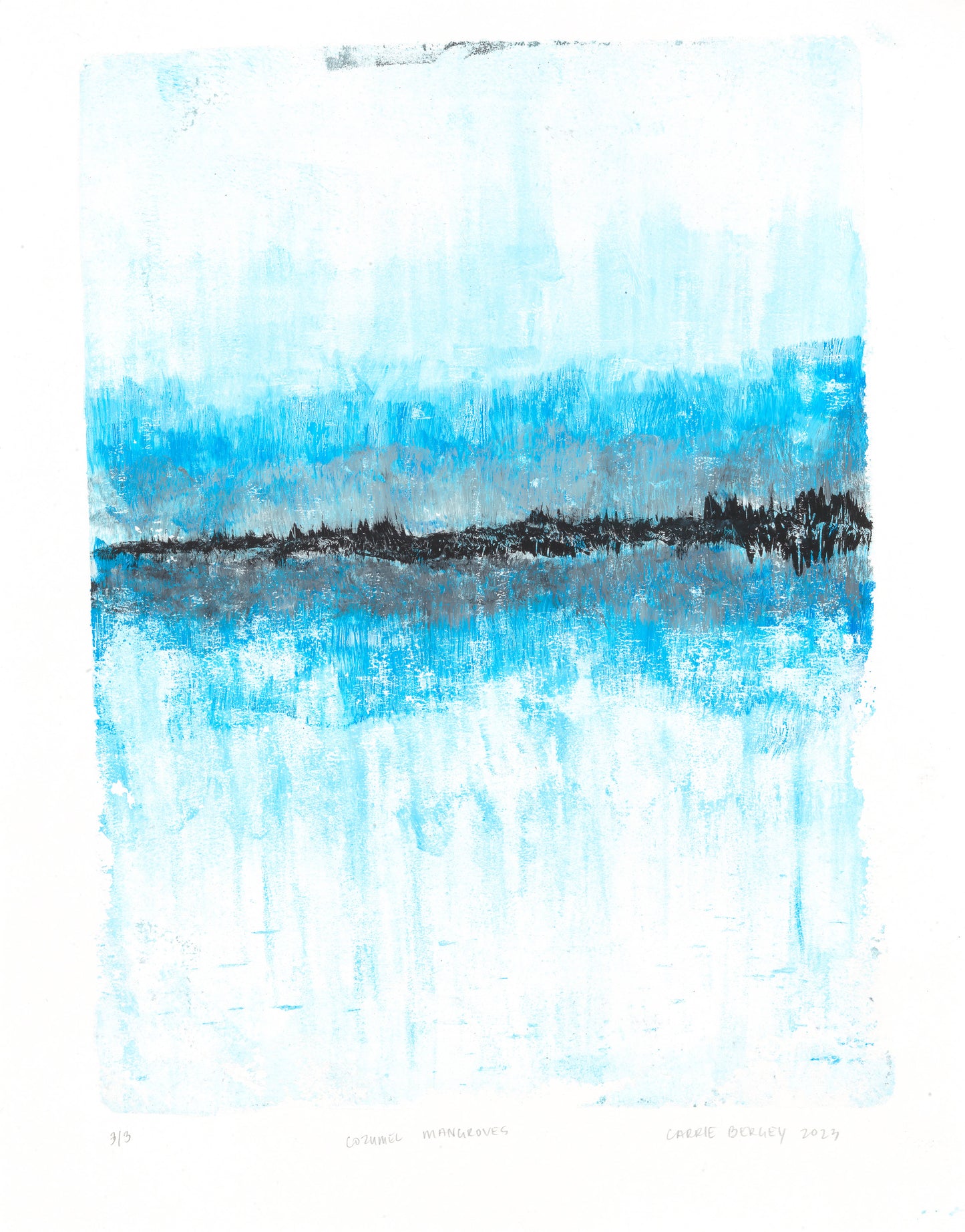 Mangroves 03 monoprint by Carrie Bergey features abstract blue and black tones evoking a serene mangrove landscape. Part of a fine art triptych.