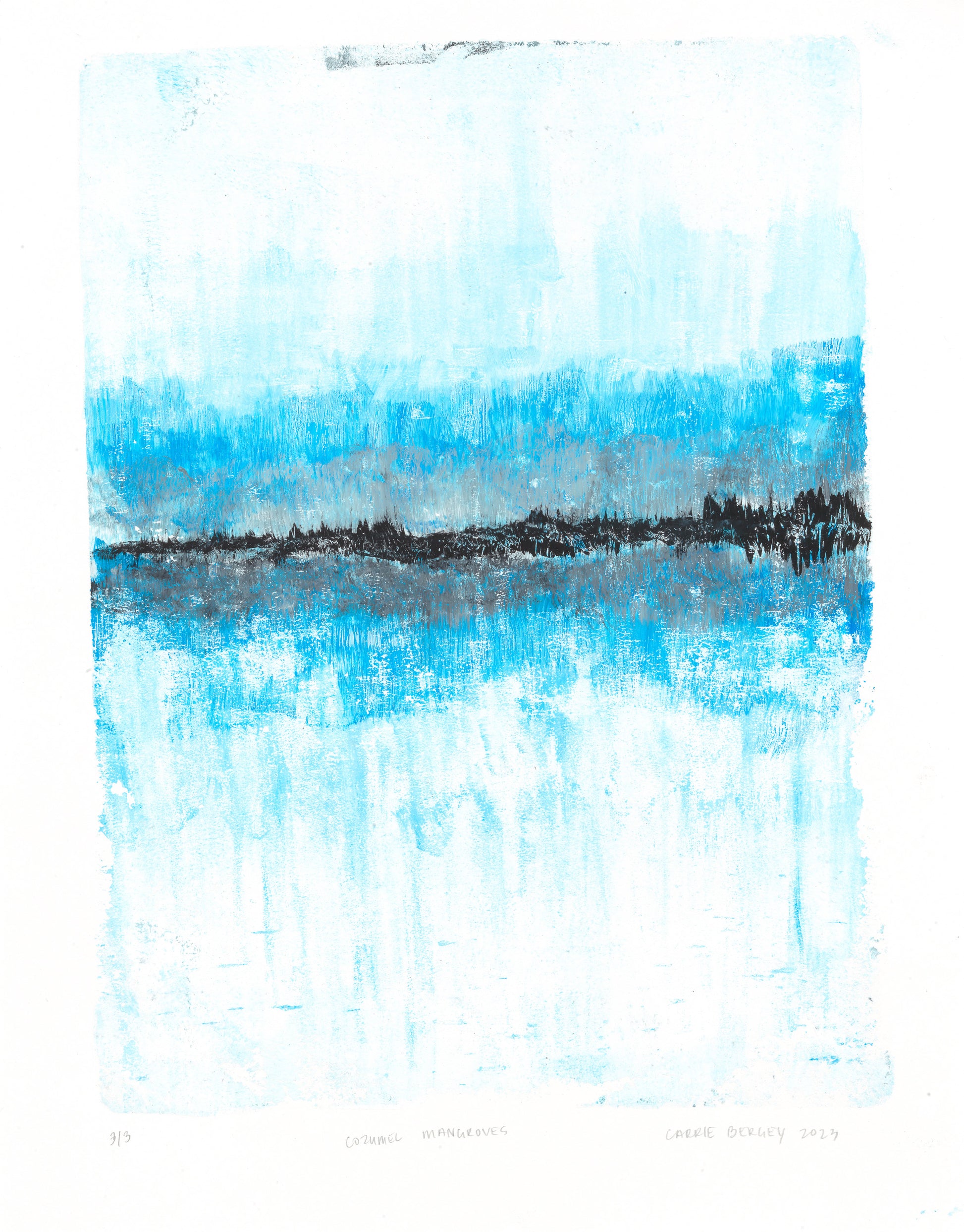 Mangroves 03 monoprint by Carrie Bergey features abstract blue and black tones evoking a serene mangrove landscape. Part of a fine art triptych.