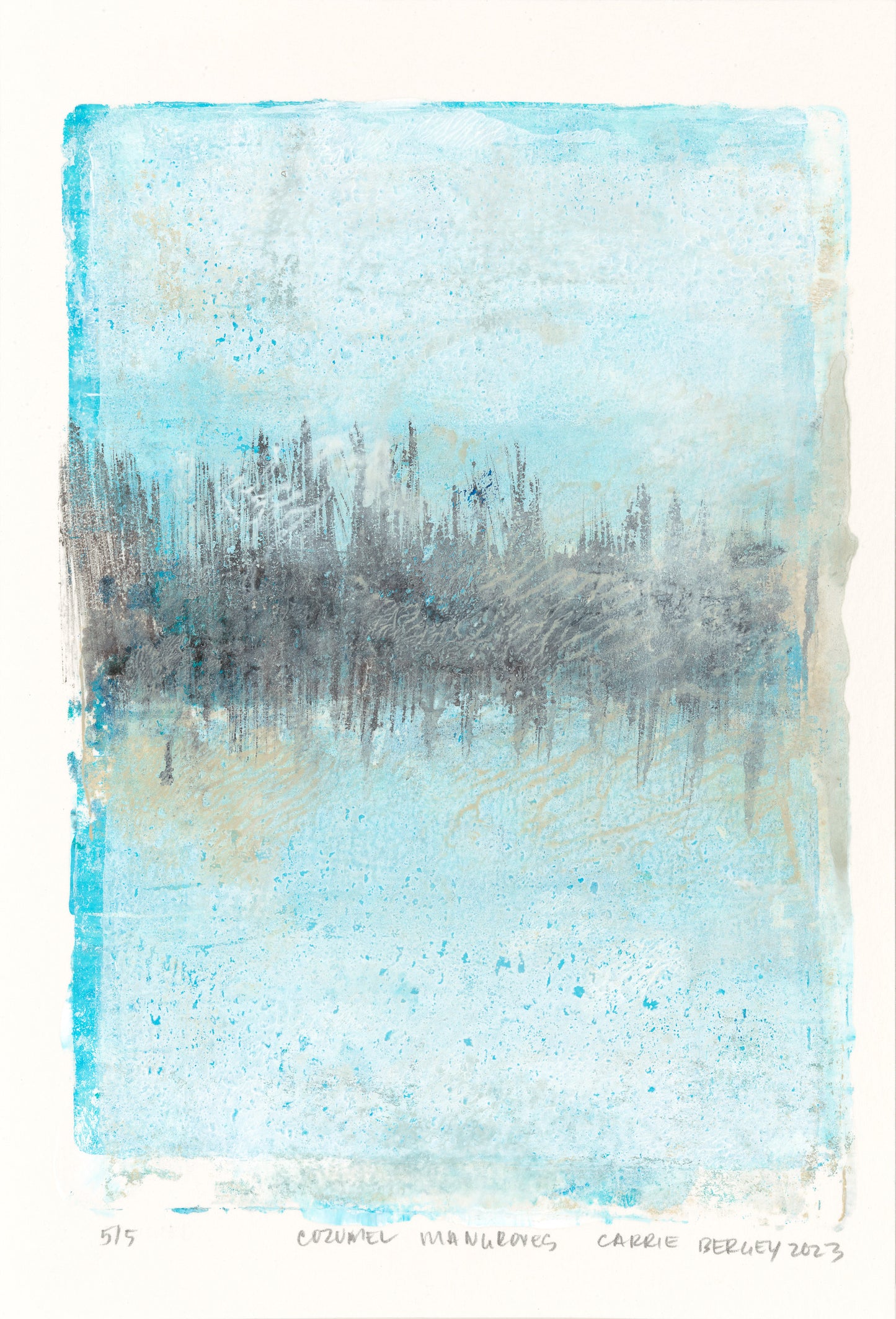Mangroves 05 from the Original Fine Art Monoprint Diptych Collection by Carrie Bergey, featuring abstract blue and gray mangrove reflections in acrylic on paper.