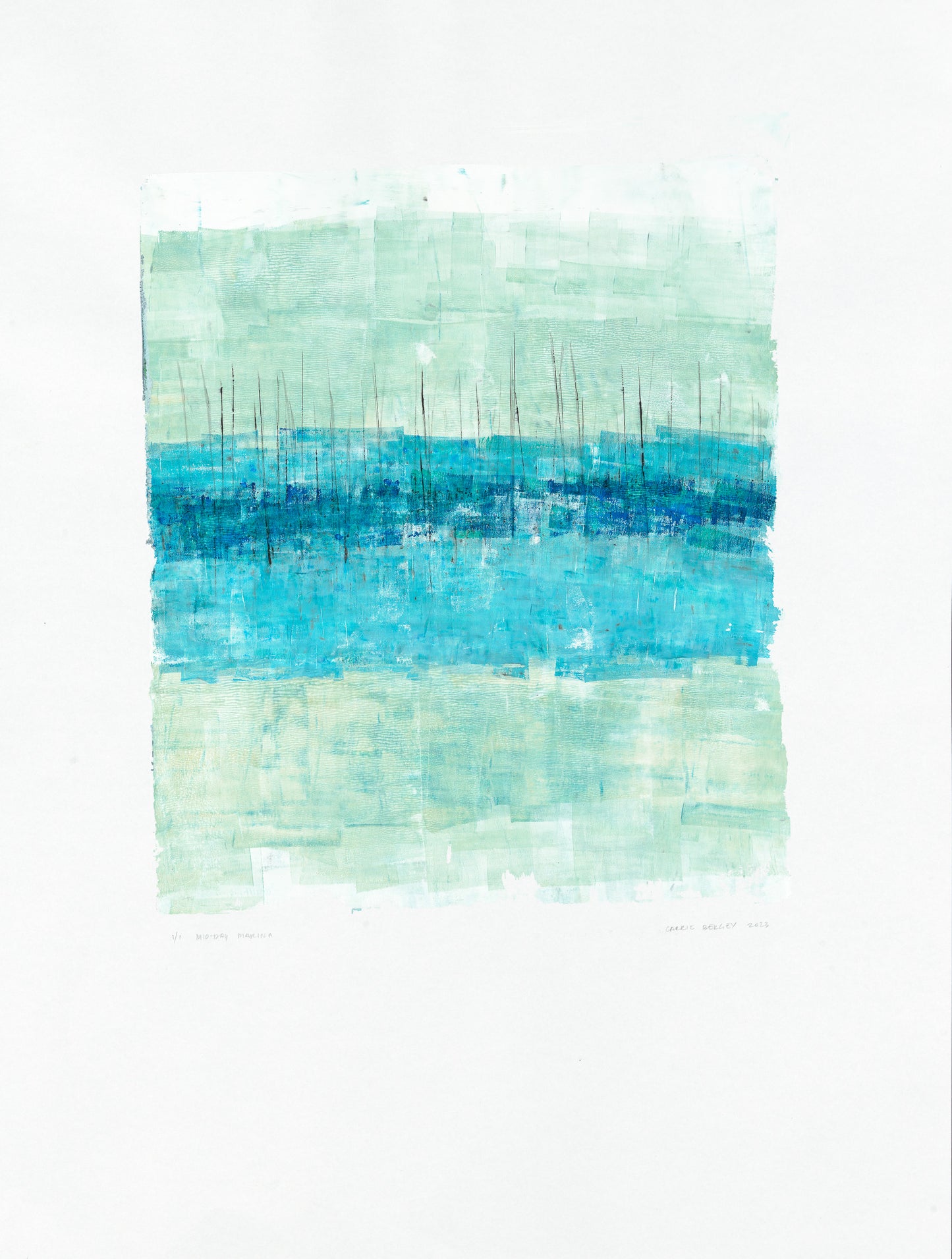 Marina Midday Fine Art Monoprint by Carrie Bergey, a unique 18x24 artwork with textured blue-green brushstrokes evoking peaceful marina scenes.