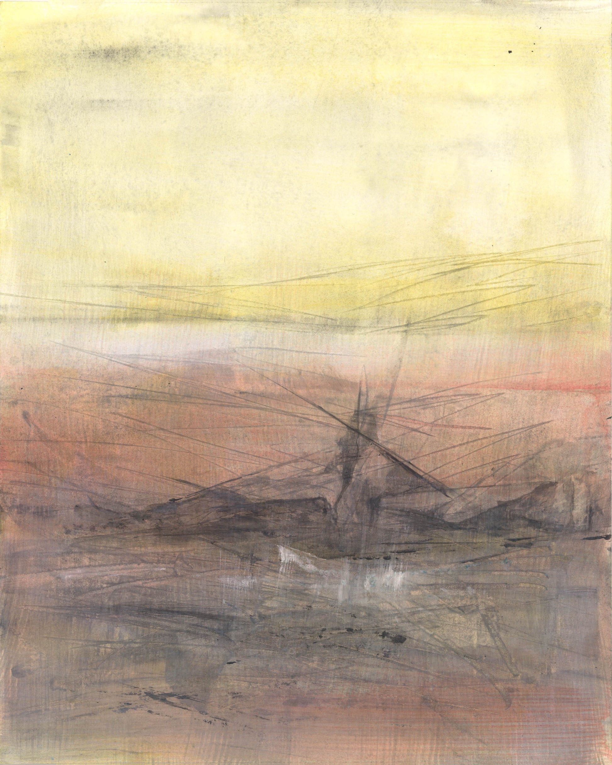 Single panel from Maui Original Painting Collection by Carrie Bergey, showcasing tranquil abstract scenery with yellow, pink, and brown hues.