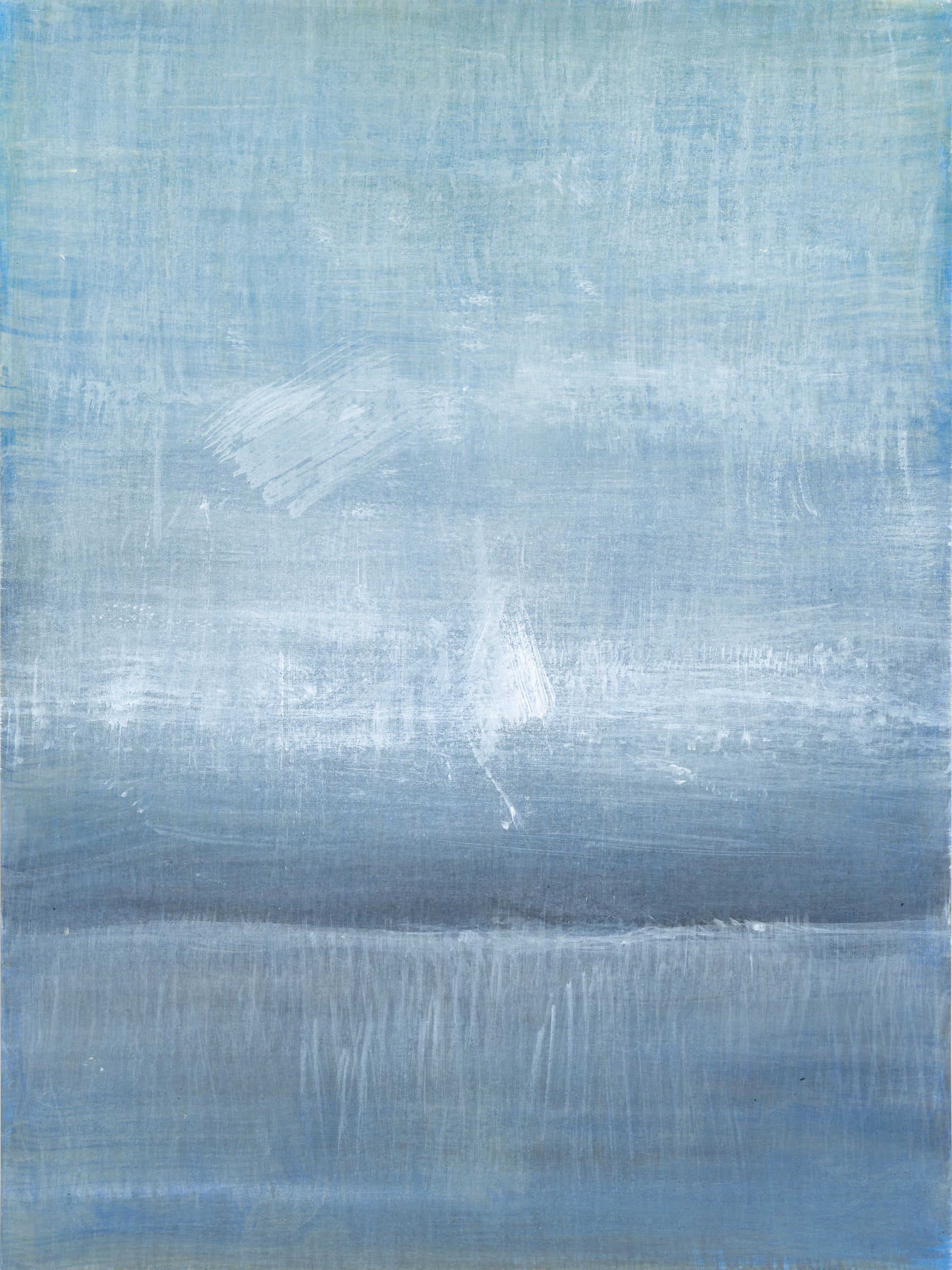 Left panel of Maui 03-04 Original Fine Art Painting Diptych by Carrie Bergey featuring abstract blue and white brushstrokes evoking ocean and sky.