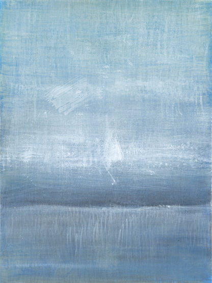 Left panel of Carrie Bergey's Maui 03-04 Diptych with layered brushwork in cool blue tones capturing the essence of Maui's natural beauty.