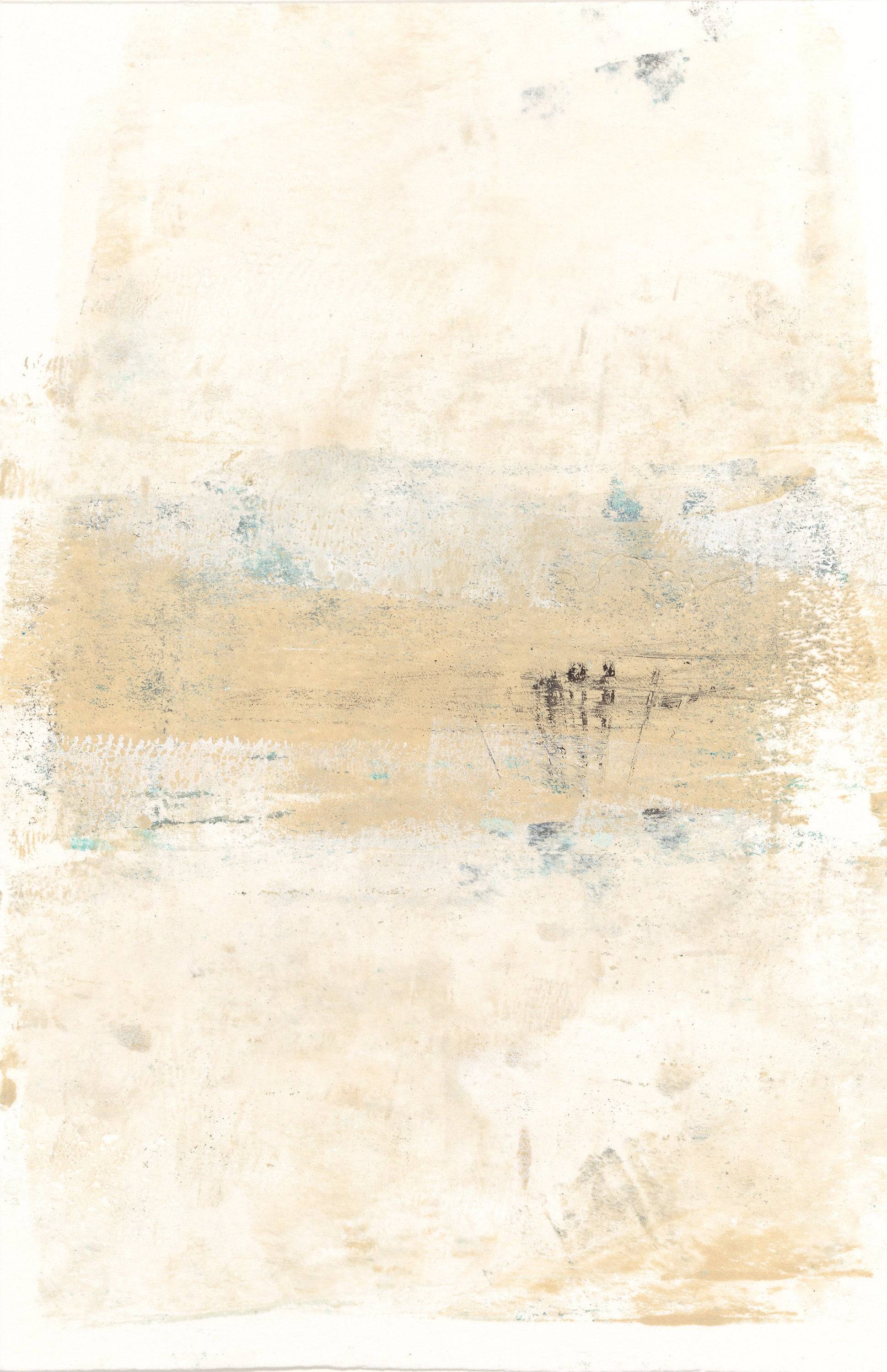 Mesas 06 monoprint by Carrie Bergey with soft, textured layers in warm desert tones and abstract brushwork for modern wall art.