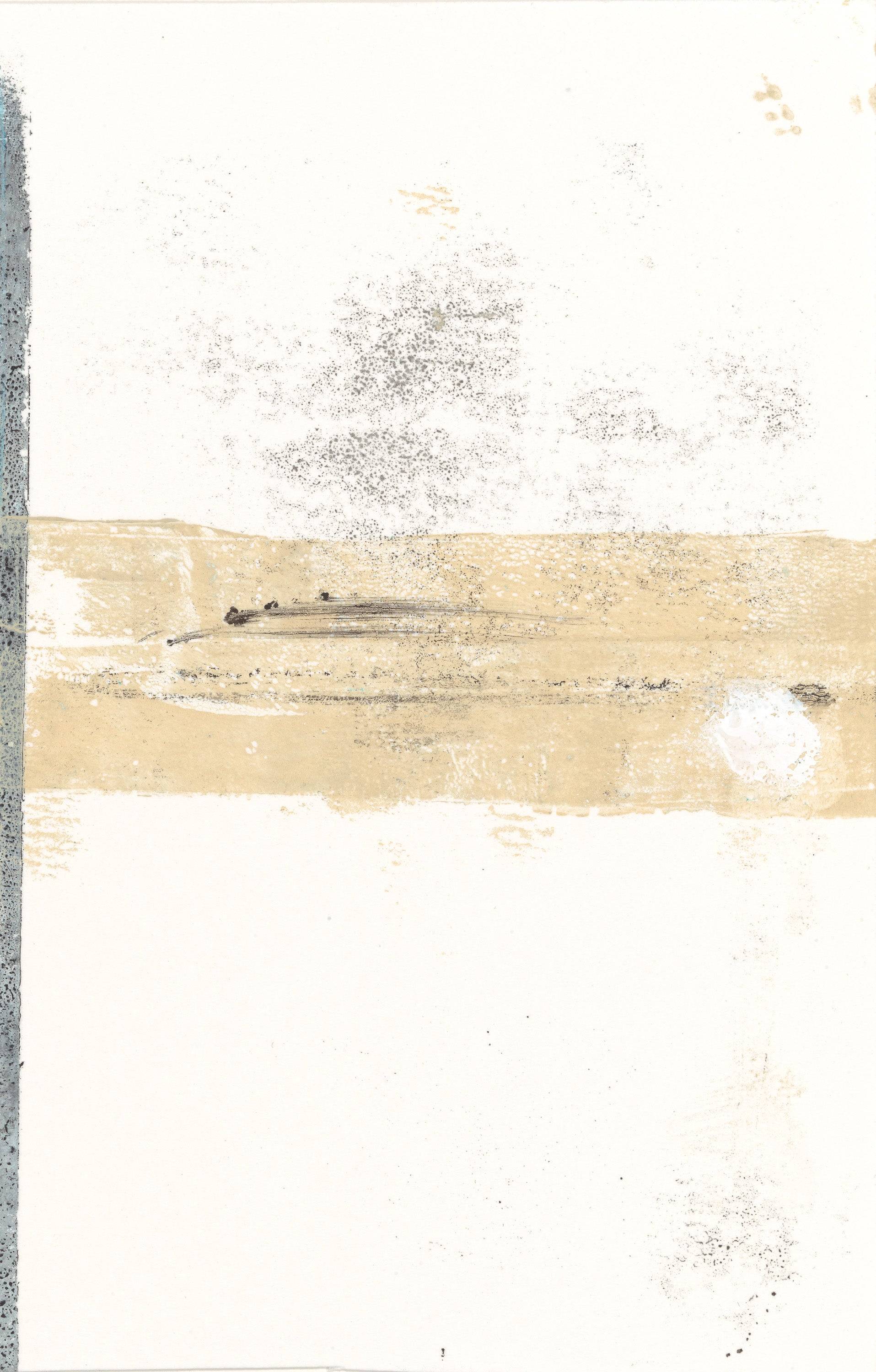 Mesas 02 monoprint from Carrie Bergey's fine art series showcasing a horizontal band of sandy beige with subtle abstract detailing.