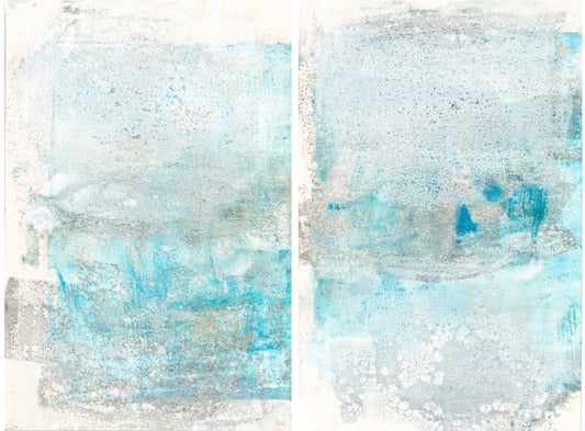 Mesas 03-04 Original Fine Art Monoprint Diptych Collection by Carrie Bergey displayed above a neutral sofa. Earthy blue tones enhance modern decor.