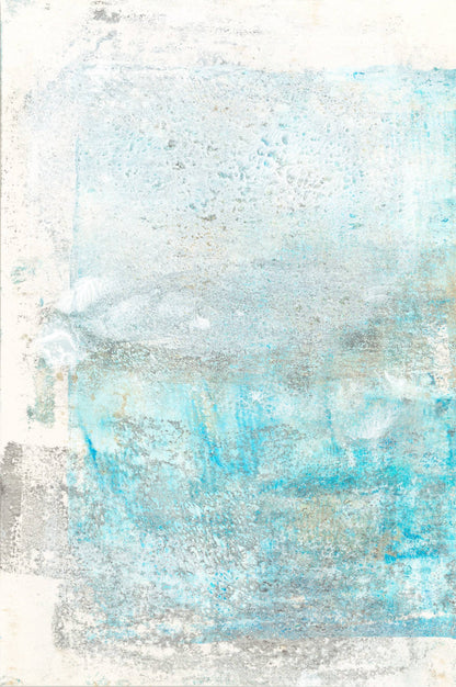 Left panel of Mesas 03-04 Fine Art Monoprint by Carrie Bergey showcasing layered textures and cool blue tones. Abstract desert landscape print.