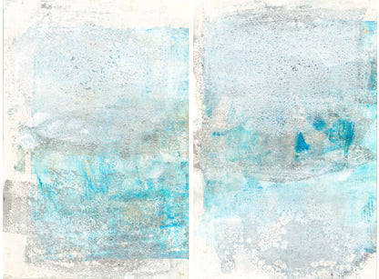 Full view of Mesas 03-04 Diptych by Carrie Bergey with both panels side by side. Abstract monoprints in calming blue tones evoke desert scenery.