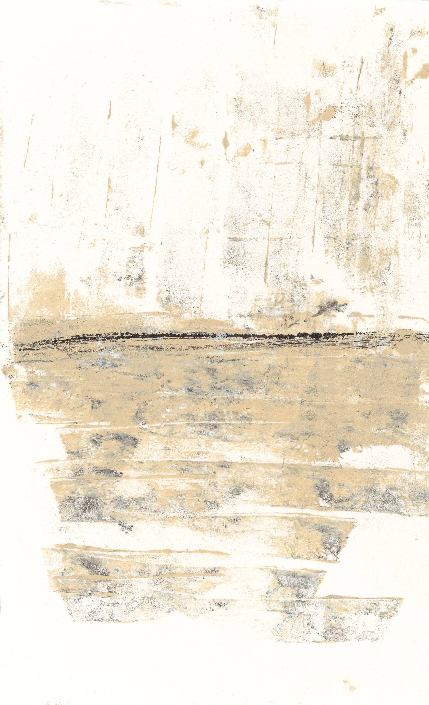 Mesas 01 monoprint from Carrie Bergey's triptych collection featuring layered earthy textures and abstract desert tones in neutral hues.