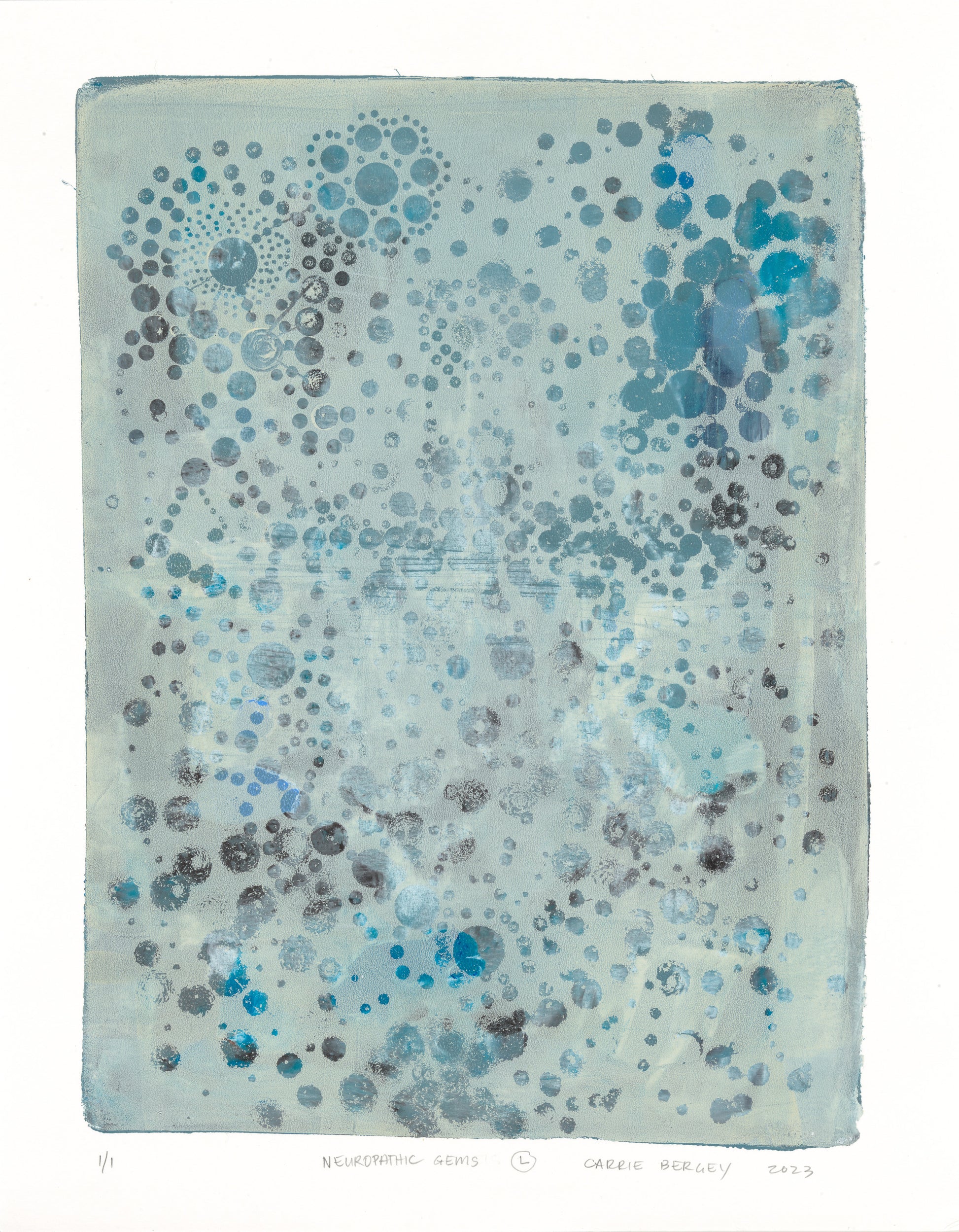 Neuropathic Gems Original Fine Art Monoprint by Carrie Bergey features abstract blue and black circular patterns on a muted gray background. This unique painting adds a modern, cerebral touch to home decor in the artwork category.