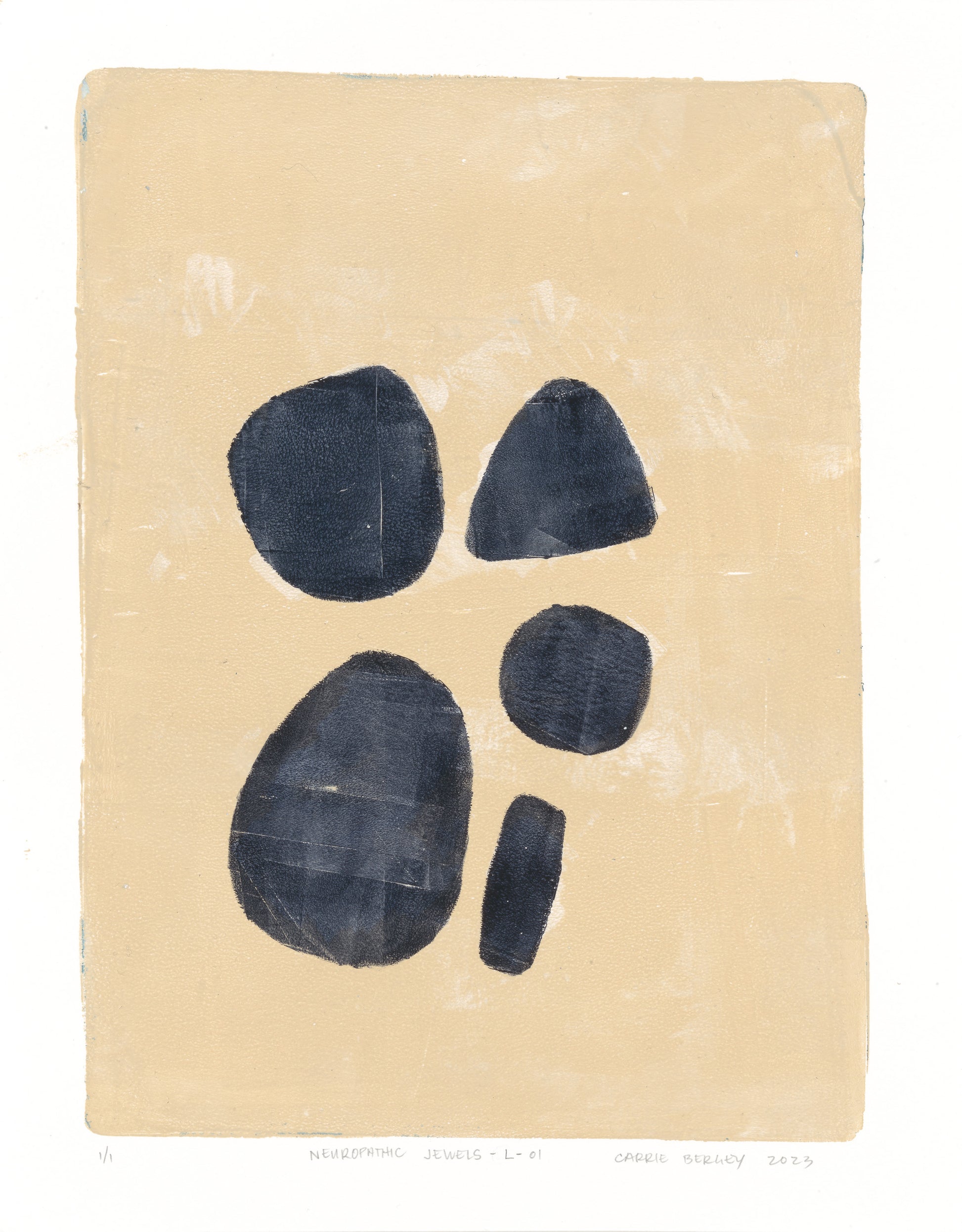 Neuropathic Jewels-L-01 by Carrie Bergey, original fine art print featuring organic black shapes on a soft tan surface.
