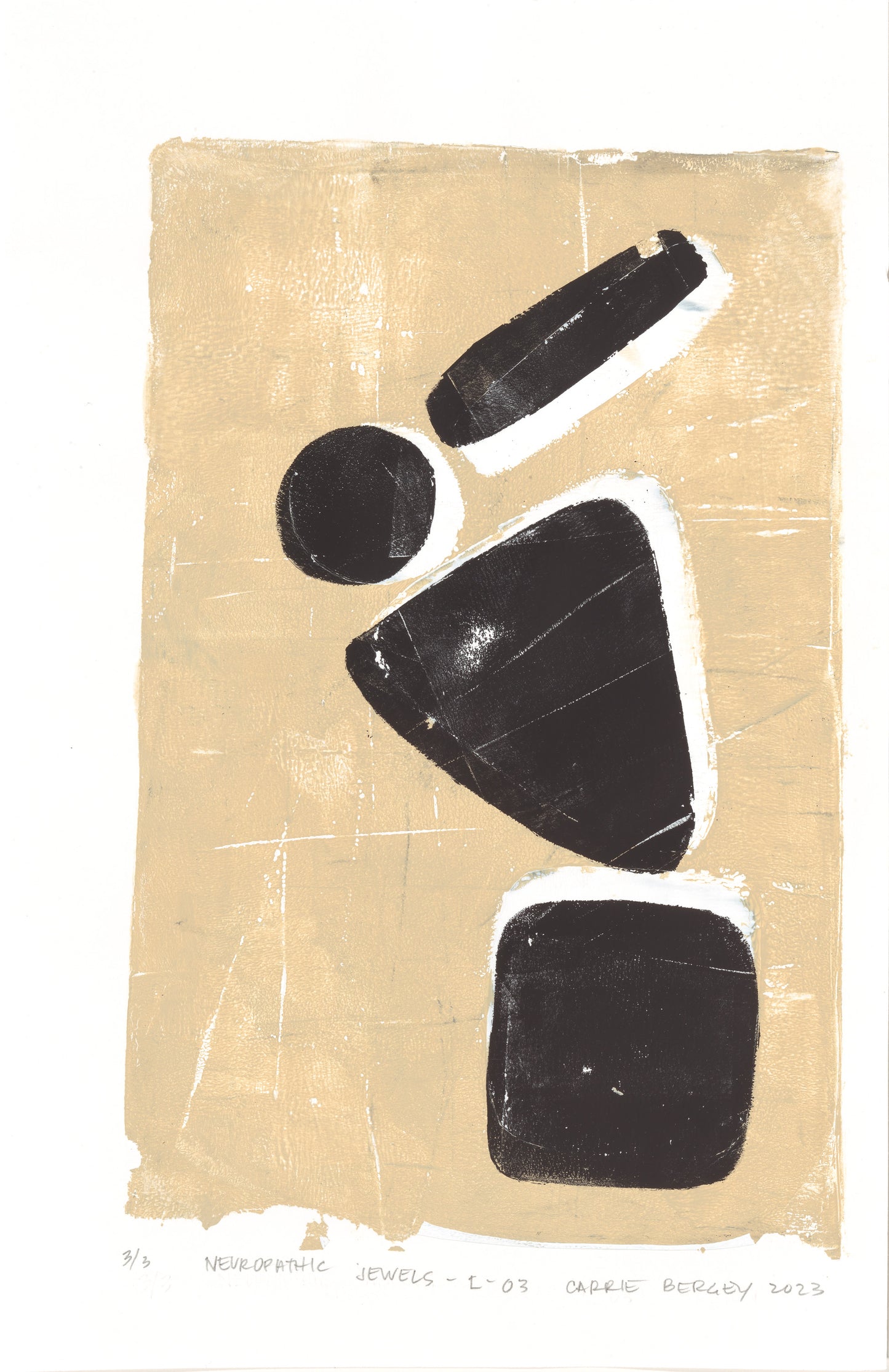 Neuropathic Jewels-L-03 by Carrie Bergey, original monoprint showcasing stacked geometric black shapes on a tan canvas.