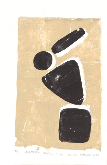 Neuropathic Jewels-L-03 by Carrie Bergey, original monoprint showcasing stacked geometric black shapes on a tan canvas.