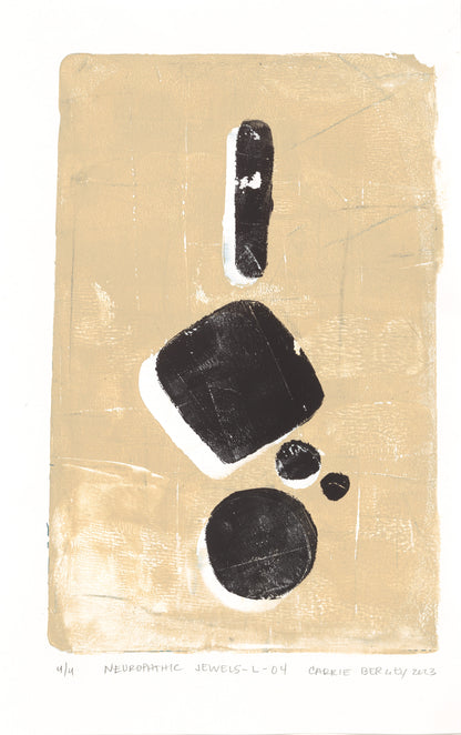 Neuropathic Jewels-L-04 by Carrie Bergey, a fine art monoprint with bold black abstract shapes on a textured beige background.