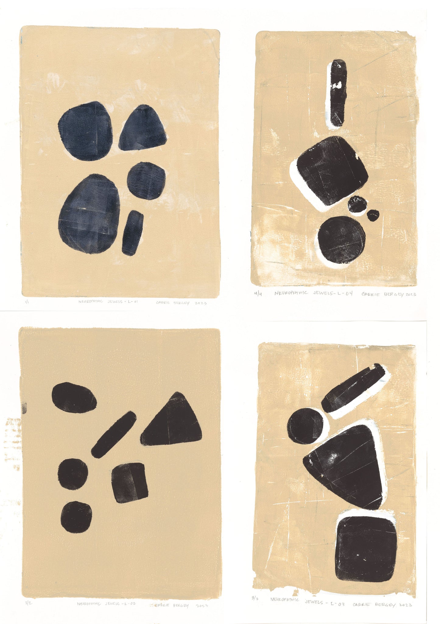 Full view of Neuropathic Jewels Original Fine Art Monoprint Quadriptych Collection by Carrie Bergey featuring abstract black forms on beige backgrounds.
