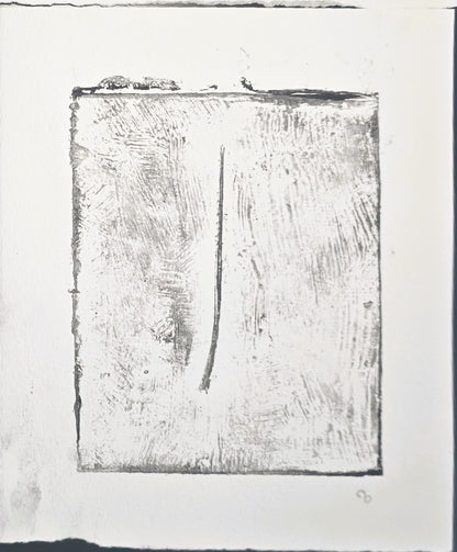 Carrie Bergey's 'Pine Needles - Becoming' monoprint featuring a delicate pine needle impression in a soft, abstract grayscale composition.