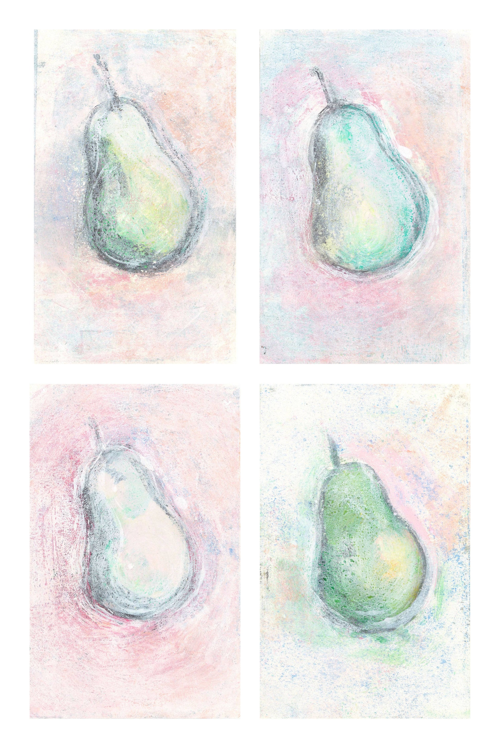 Pears Original Monoprint Series Art by Carrie Bergey featuring four pastel-toned pear prints with textured brushwork. Ideal for modern home decor.