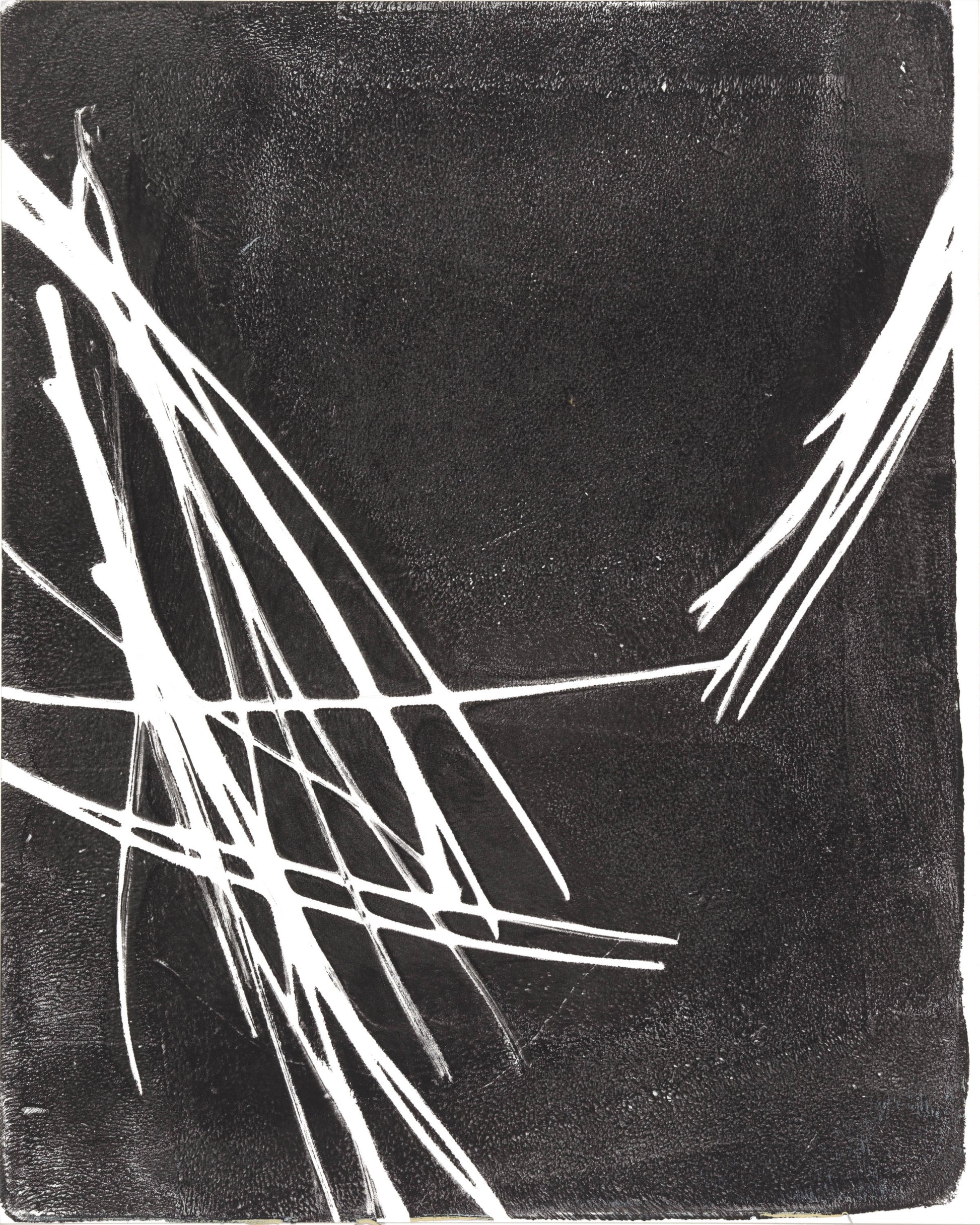 Single panel from Pine Needles Monoprint Collection by Carrie Bergey, featuring abstract white strokes on a textured black background.
