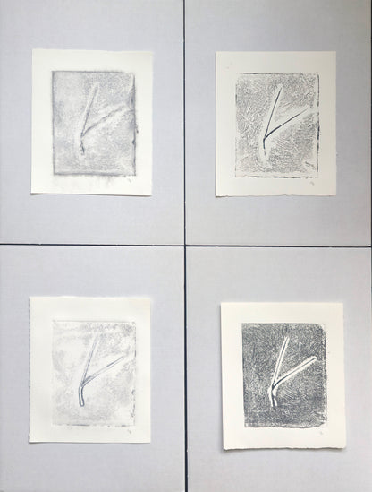 Set of 4 Pine Needles Art collagraph monoprints by Carrie Bergey in black, white, and grey tones, showcasing minimalist botanical impressions.
