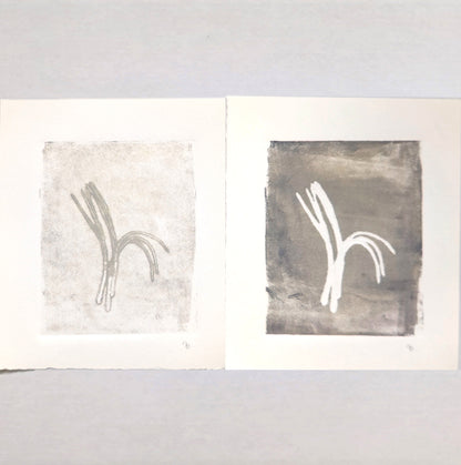 Close-up of Pine Needles - Becoming 17_01-02 Diptych by Carrie Bergey, featuring minimalist collagraph monoprints in white and grey tones.