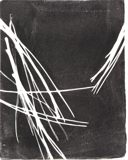 Abstract white pine needles on black background, a single piece from Carrie Bergey's Pine Needles Fine Art Monoprint Octaptych.