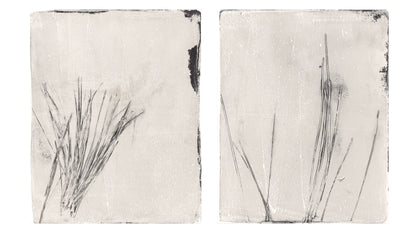 Full view of Fine Art Monoprint Diptych - Carrie Bergey Art | Pine Needle Art with both panels side by side in minimalist black and white style.