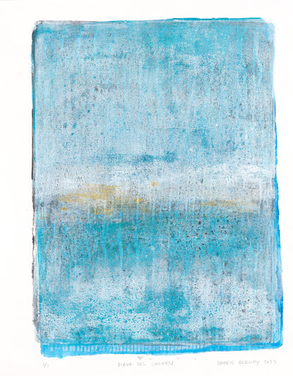 Playa Del Carmen Diptych Art - Monoprint Collection piece with layered turquoise and sandy tones evoking serene oceanic landscapes.