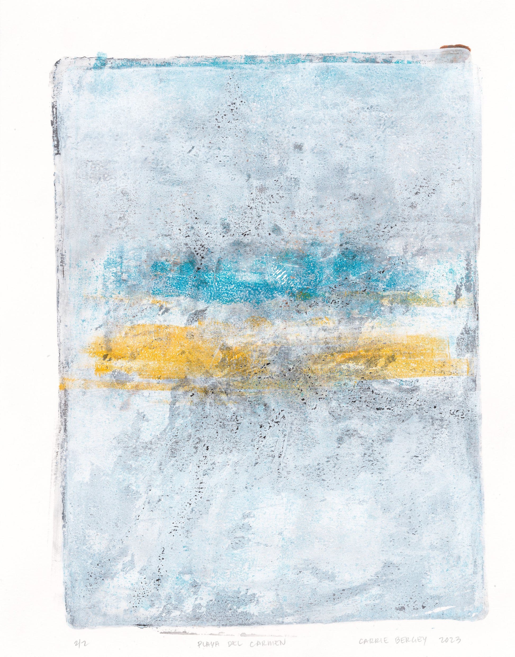 Playa Del Carmen Original Fine Art Monoprint featuring abstract coastal hues of blue, yellow, and white in a textured vertical composition.