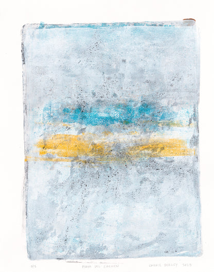 Playa Del Carmen Original Fine Art Monoprint showcasing textured blue and yellow brushstrokes inspired by coastal scenery.