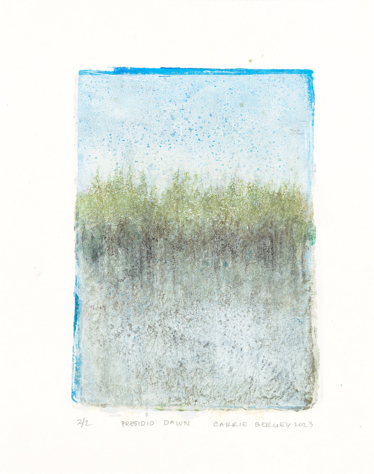 Presidio Dawn Art - Carrie Bergey Fine Monoprint | Painting features a serene forest landscape in soft blues and greens, ideal for tranquil home decor.