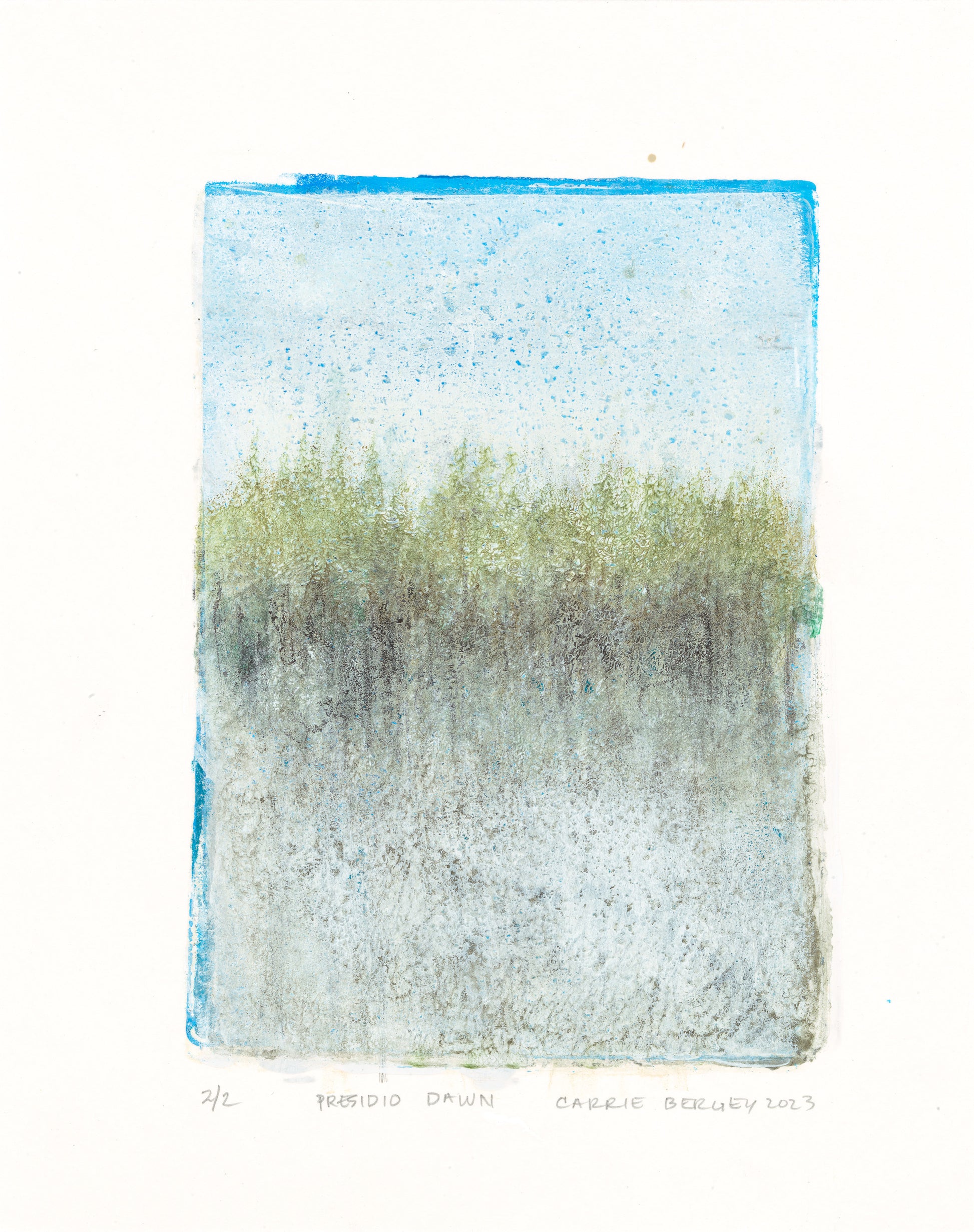 Presidio Dawn Art - Carrie Bergey Fine Monoprint | Painting features a serene forest landscape in soft blues and greens, ideal for tranquil home decor.