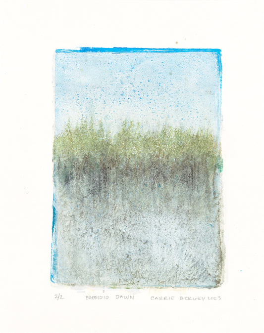 Presidio Dawn Art - Carrie Bergey Fine Monoprint | Painting features a serene forest landscape in soft blues and greens, ideal for tranquil home decor.