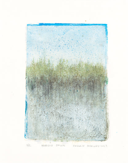 Presidio Dawn Art - Carrie Bergey Fine Monoprint | Painting evokes early morning tranquility with layered greens and blues, suited for modern art lovers.